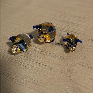 Set of 3 Glass Pig Figurines with Blue and Orange accents